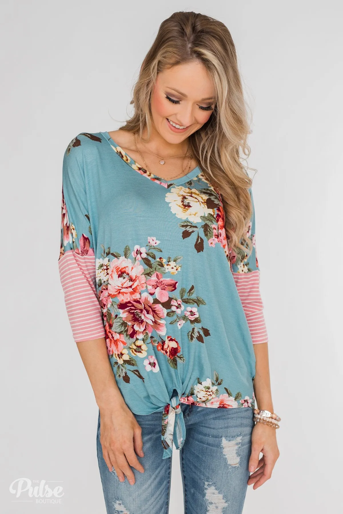 3/4 Sleeve Floral & Striped Tie Top- Antique Blue