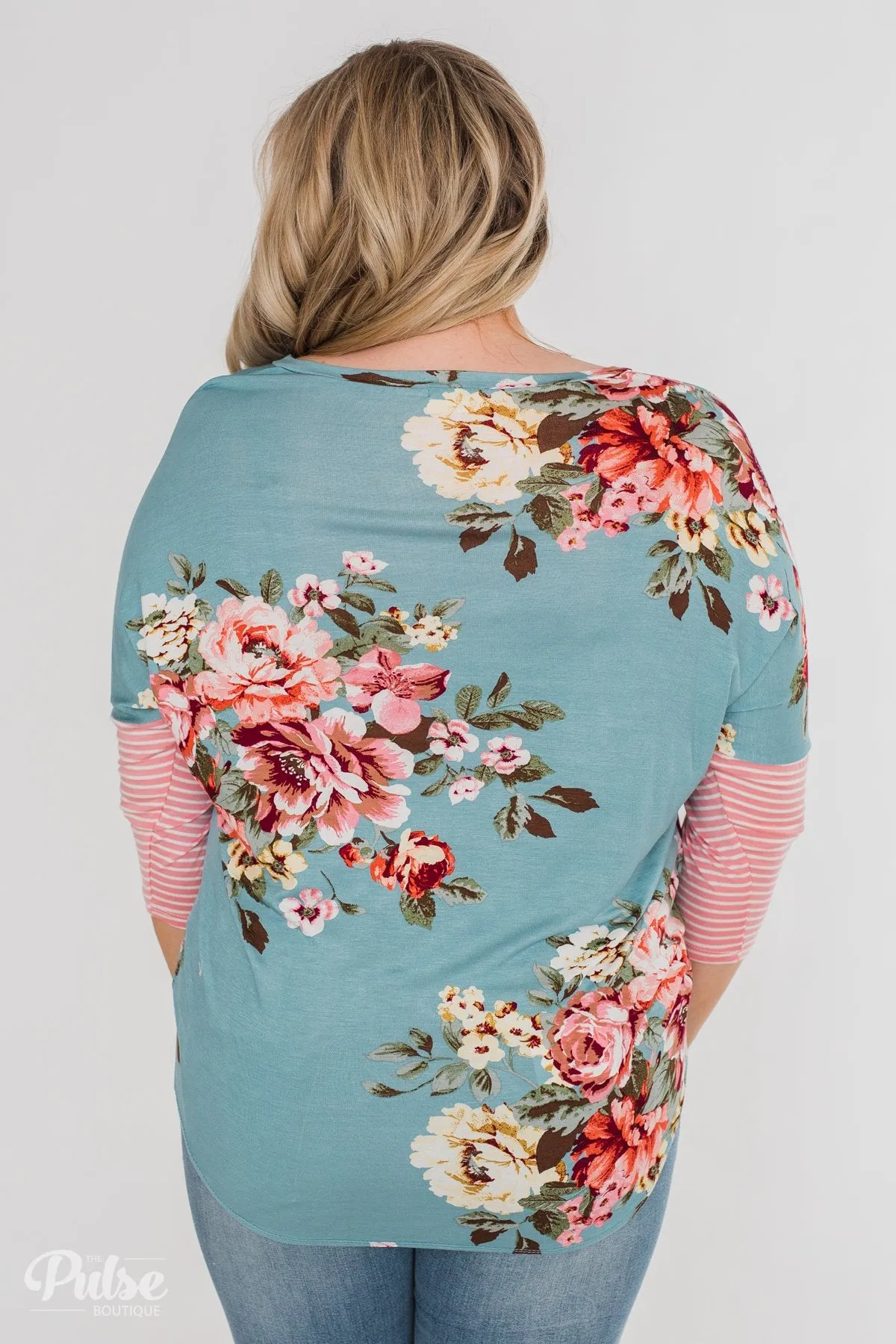 3/4 Sleeve Floral & Striped Tie Top- Antique Blue