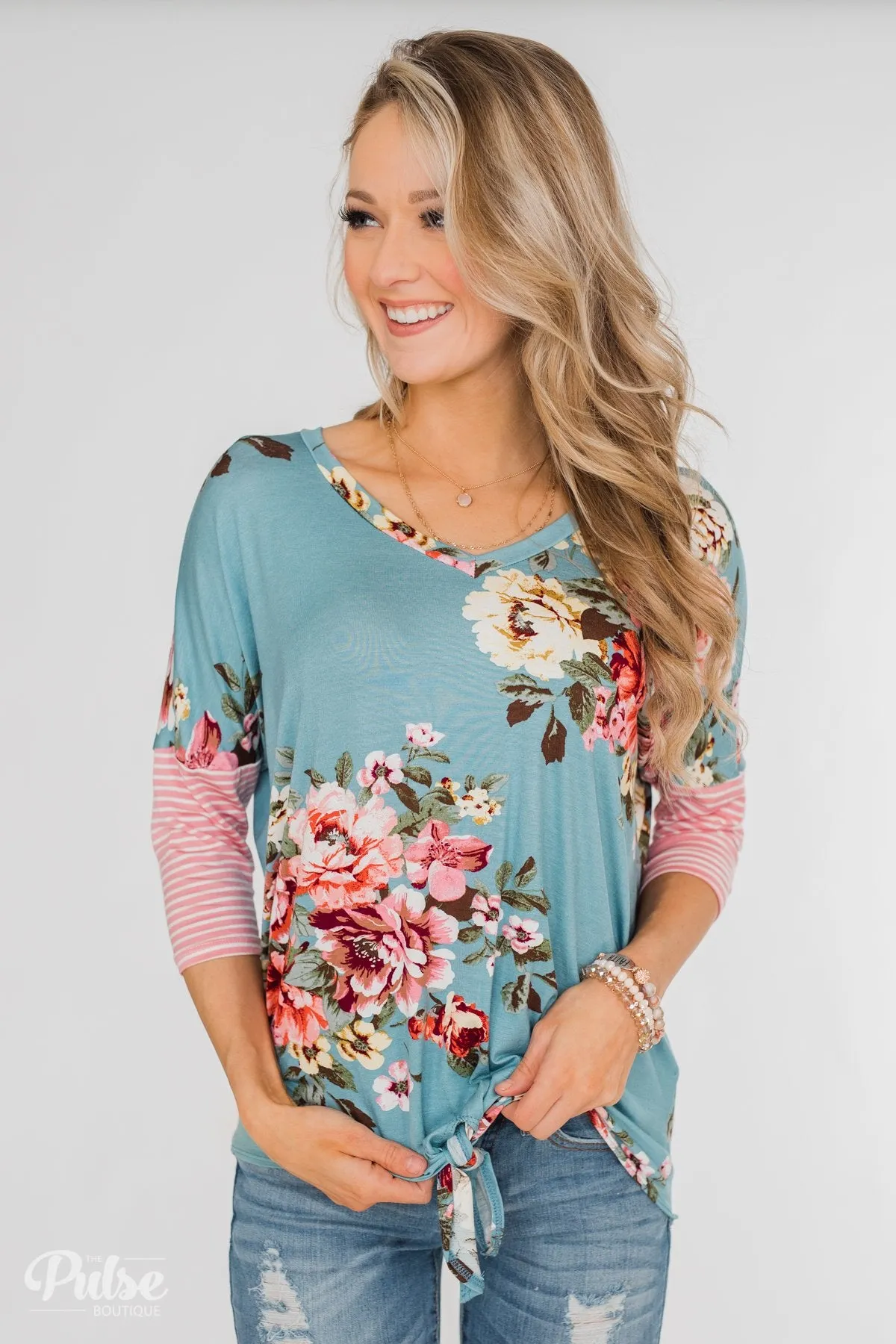 3/4 Sleeve Floral & Striped Tie Top- Antique Blue