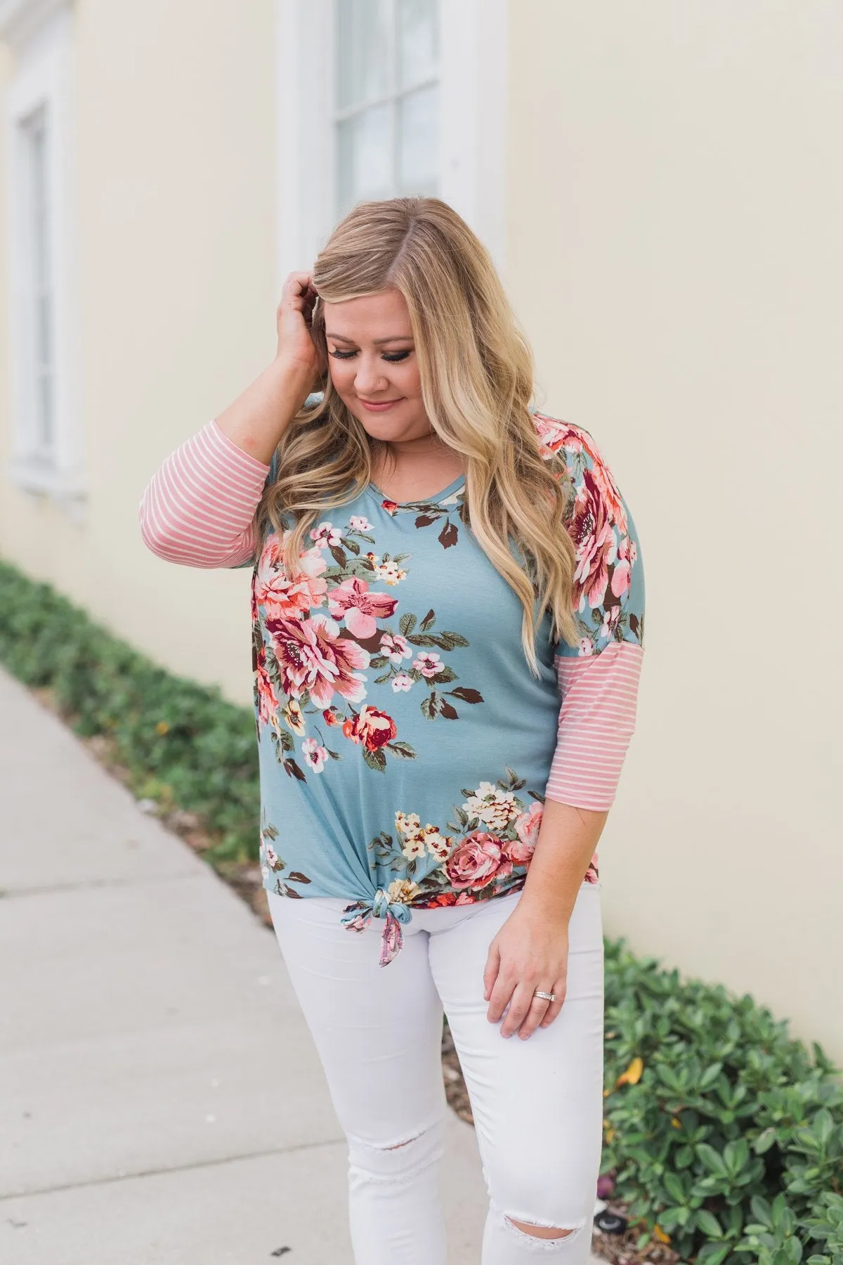 3/4 Sleeve Floral & Striped Tie Top- Antique Blue