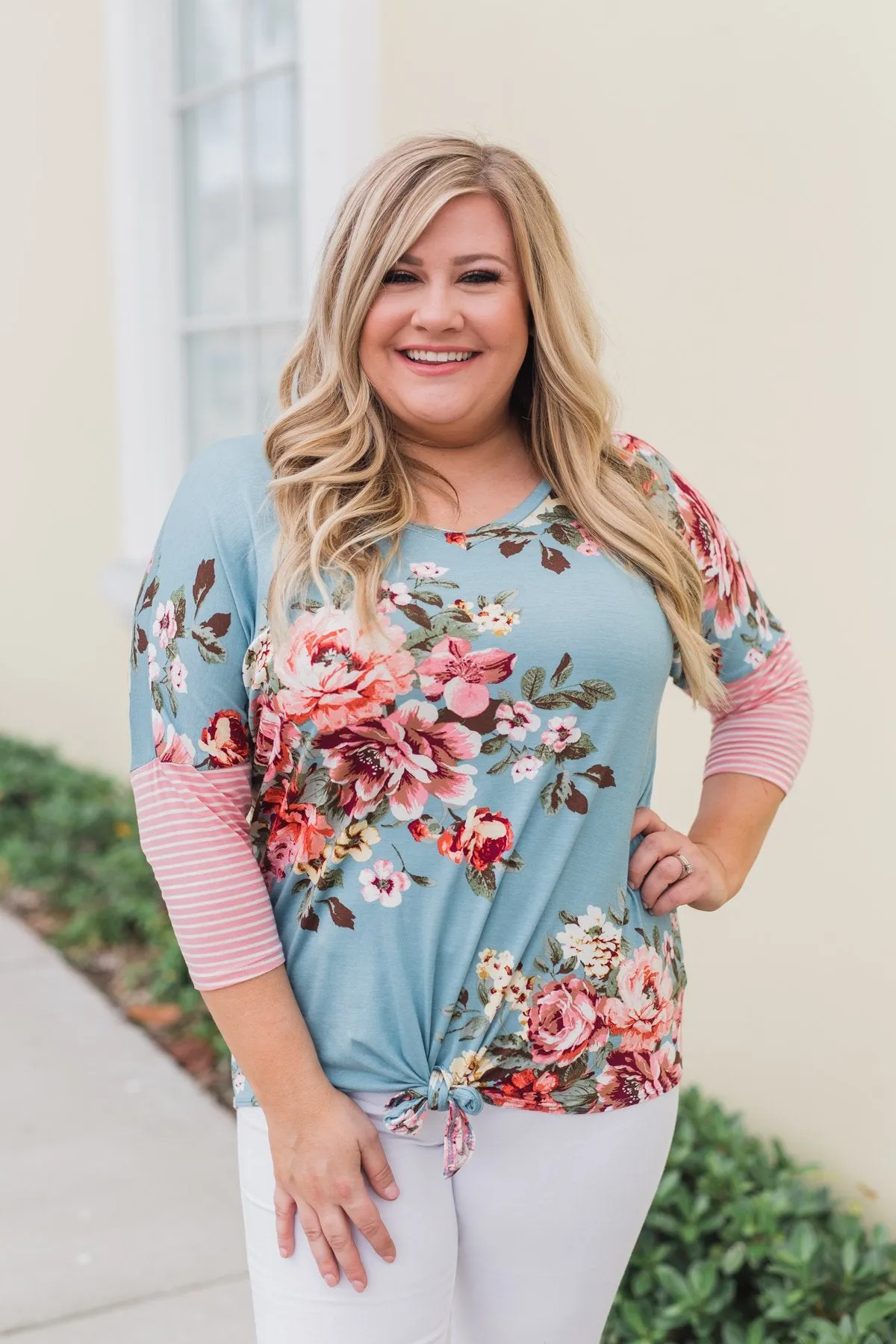 3/4 Sleeve Floral & Striped Tie Top- Antique Blue