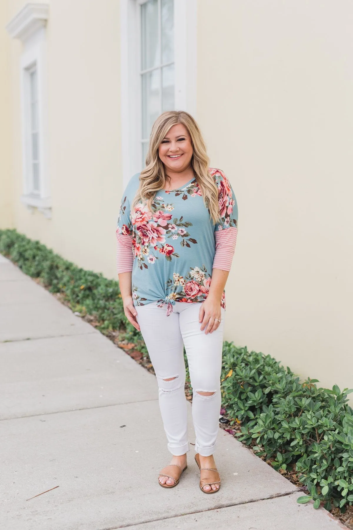 3/4 Sleeve Floral & Striped Tie Top- Antique Blue