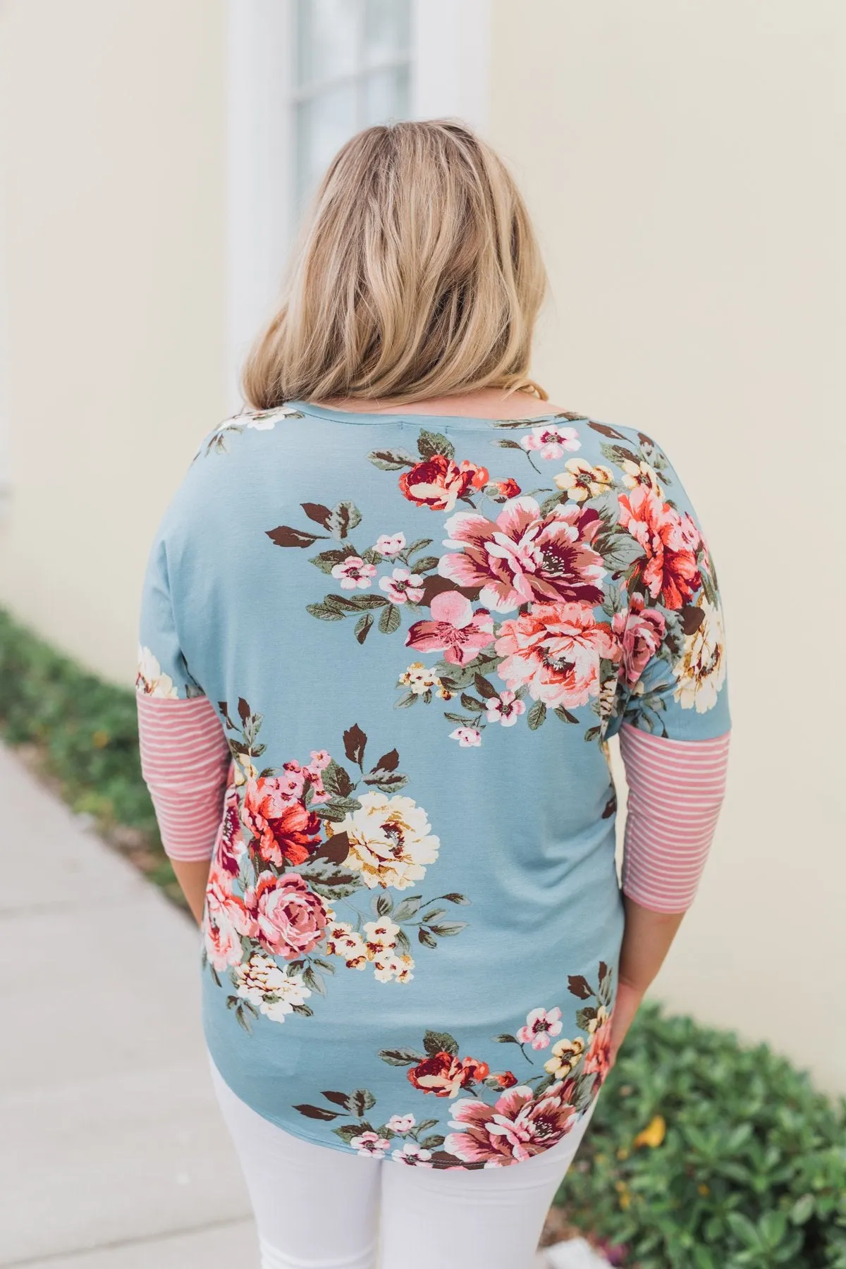 3/4 Sleeve Floral & Striped Tie Top- Antique Blue