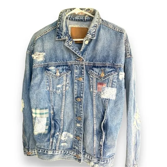 American Eagle Distressed Patch Jean Jacket Women’s Oversize Denim Jackets