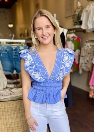 Archie Embroidered Linen Top Sky Blue