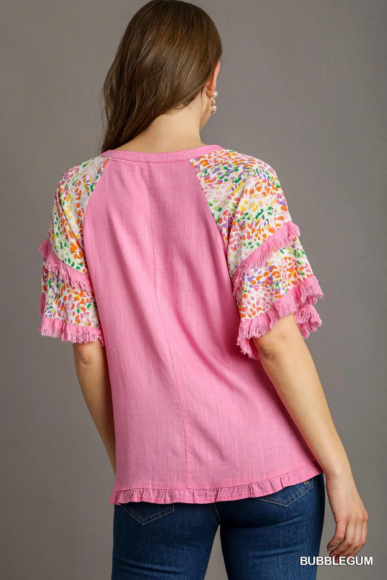 Ava V-Notched Linen Top with Double Layer Flutter Sleeves In Bubblegum