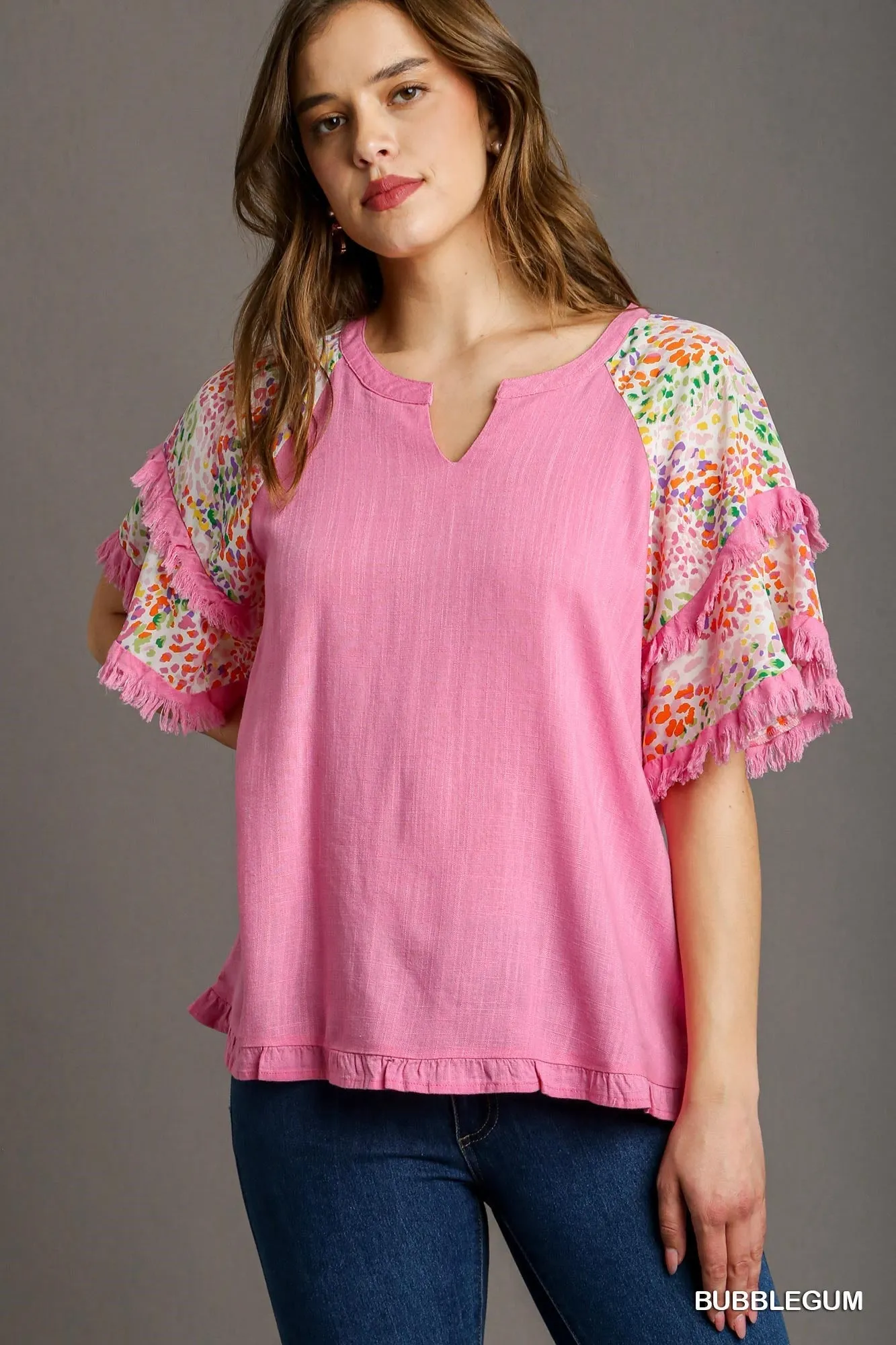 Ava V-Notched Linen Top with Double Layer Flutter Sleeves In Bubblegum