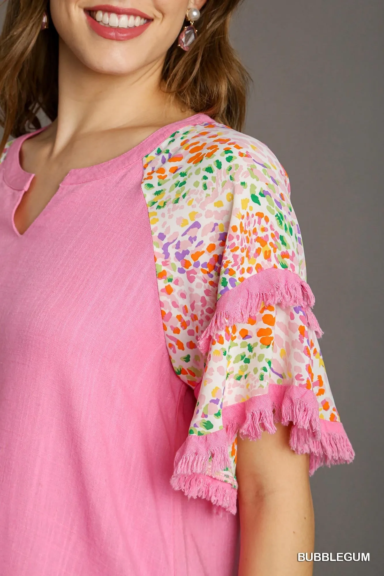 Ava V-Notched Linen Top with Double Layer Flutter Sleeves In Bubblegum