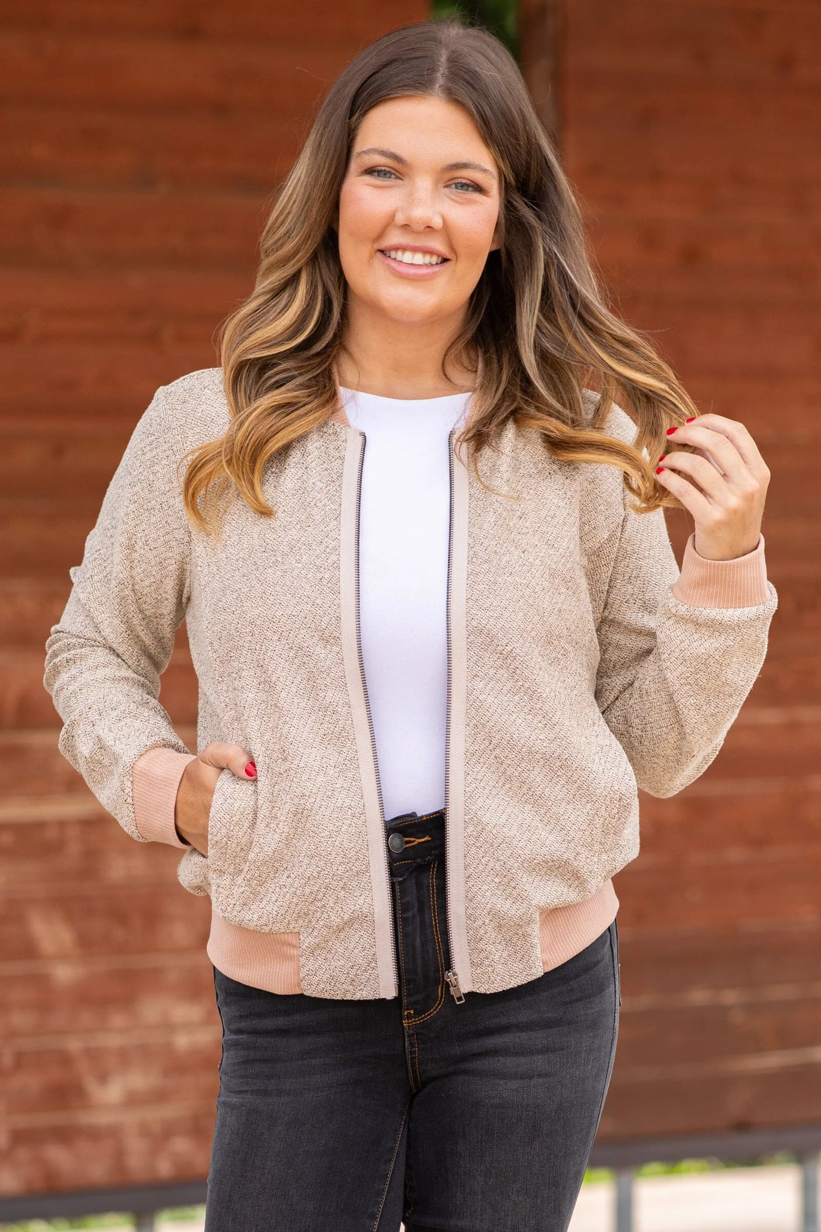 Beige Rib Knit Trim Bomber Jacket