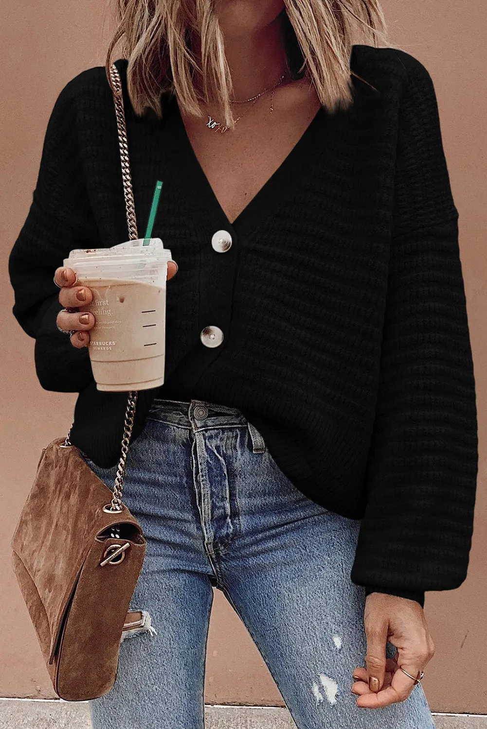 Black Drop Shoulder Textured Knit Button V Neck Cardigan