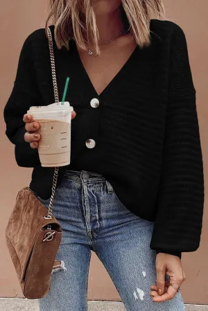Black Drop Shoulder Textured Knit Button V Neck Cardigan