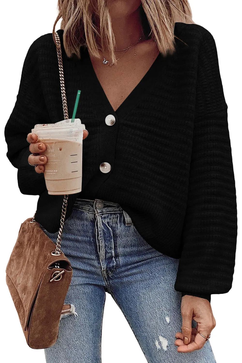 Black Drop Shoulder Textured Knit Button V Neck Cardigan