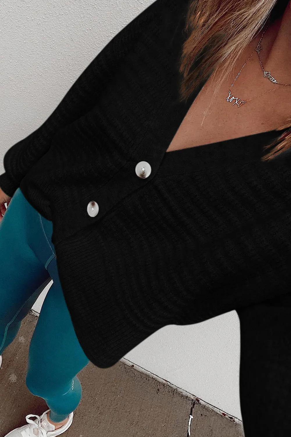 Black Drop Shoulder Textured Knit Button V Neck Cardigan