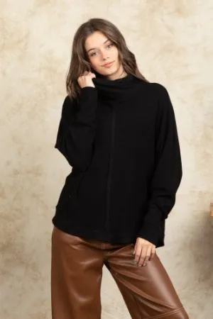 Black Mock Neck Dolman Sleeve Front Seam Pullover