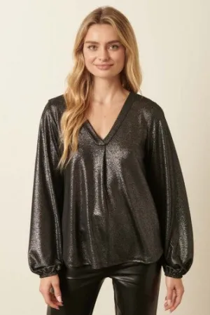 Black Sparkle Foil V Neck Blouse