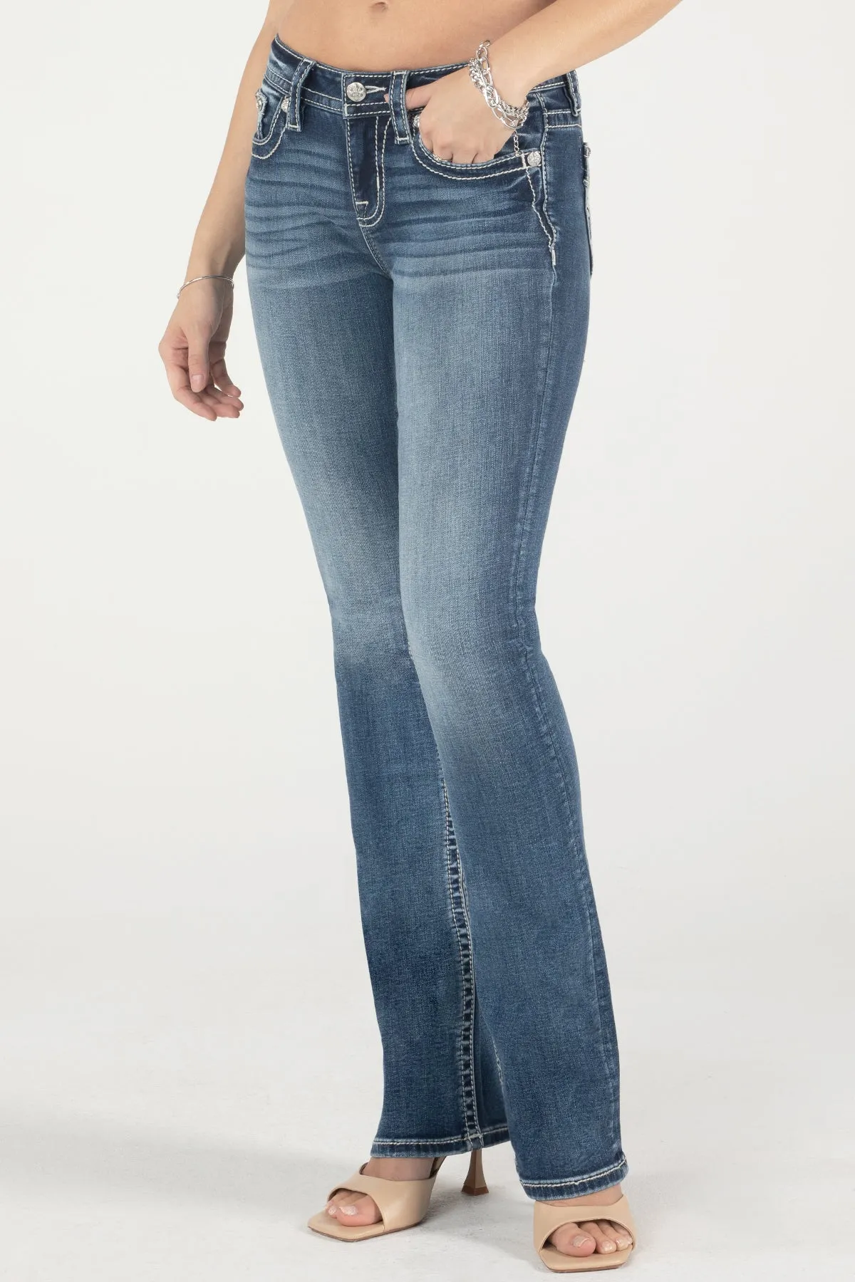 Blue and Tan Geometric Floral  Bootcut Jeans
