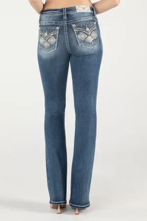 Blue and Tan Geometric Floral  Bootcut Jeans