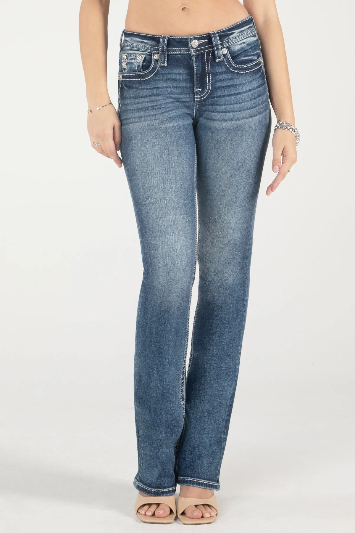 Blue and Tan Geometric Floral  Bootcut Jeans