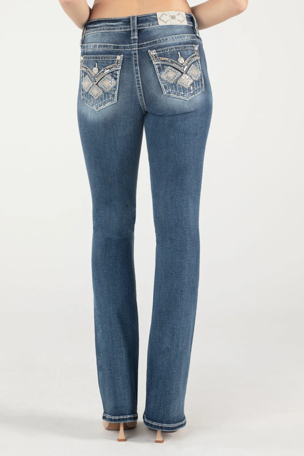 Blue and Tan Geometric Floral  Bootcut Jeans