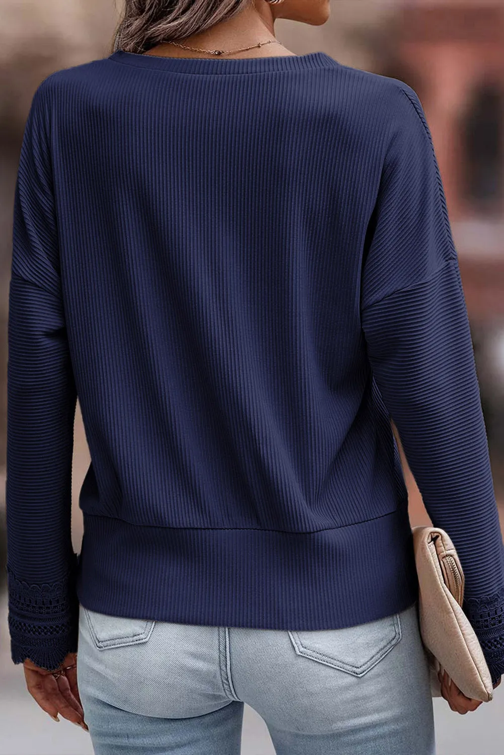 Blue Apricot Ribbed Texture Lace Trim V Neck Long Sleeve Top