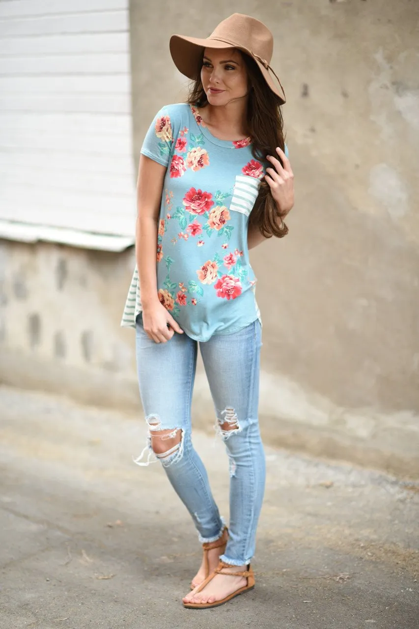 Blue Floral & Stripes Pocket Top