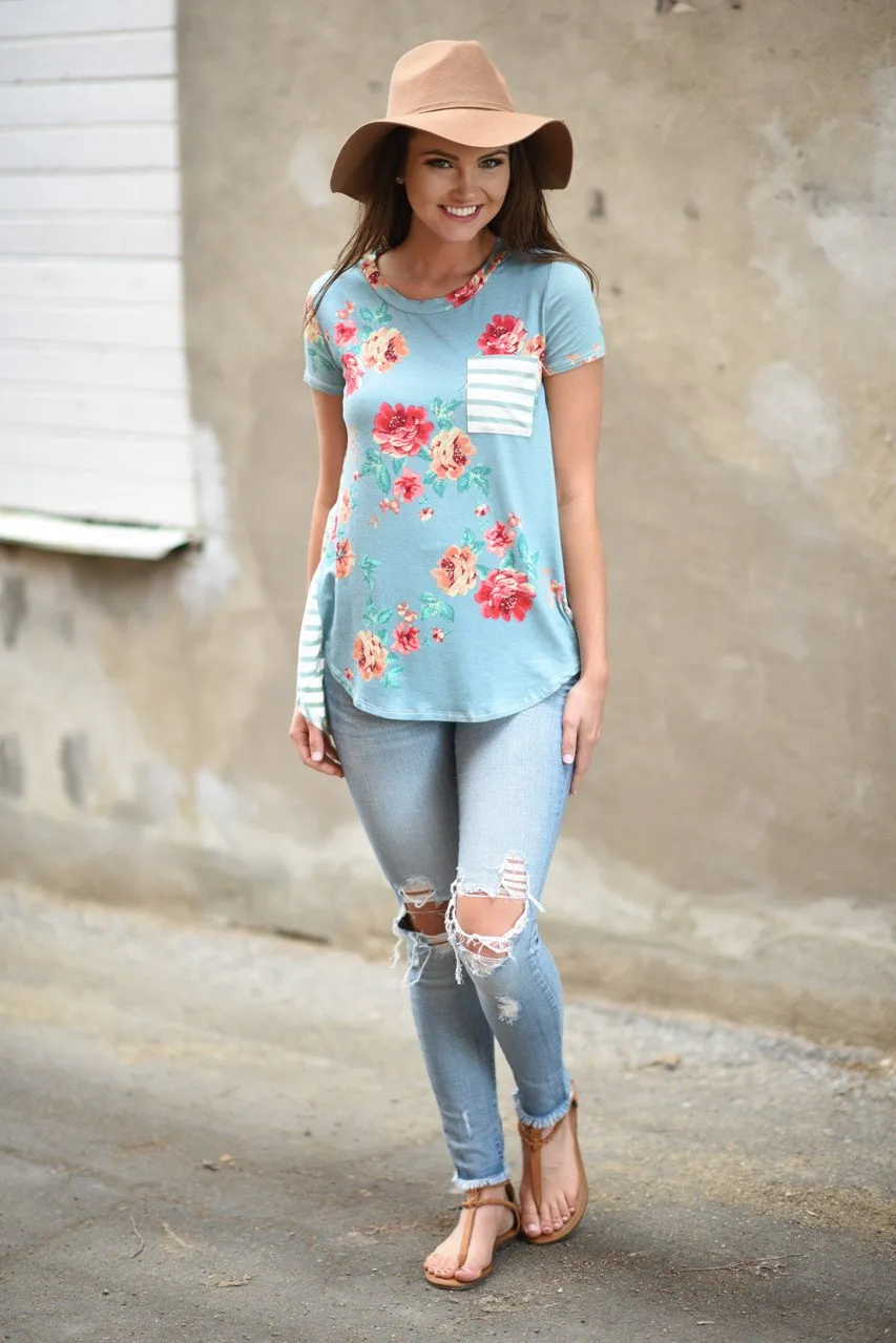 Blue Floral & Stripes Pocket Top