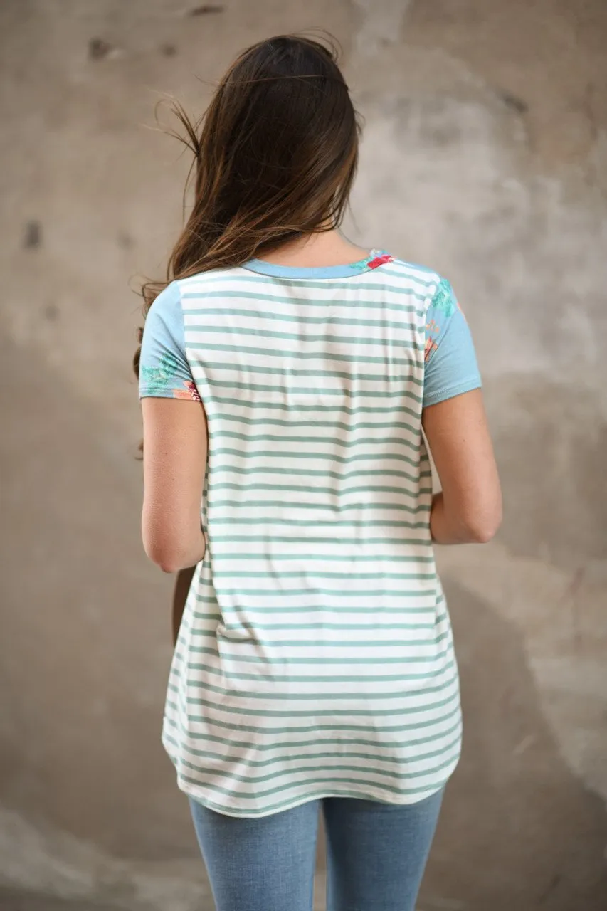 Blue Floral & Stripes Pocket Top