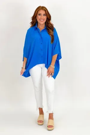 Blue Front Button Short Sleeve Top
