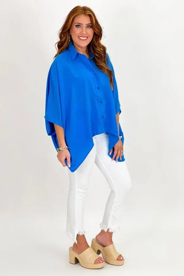 Blue Front Button Short Sleeve Top