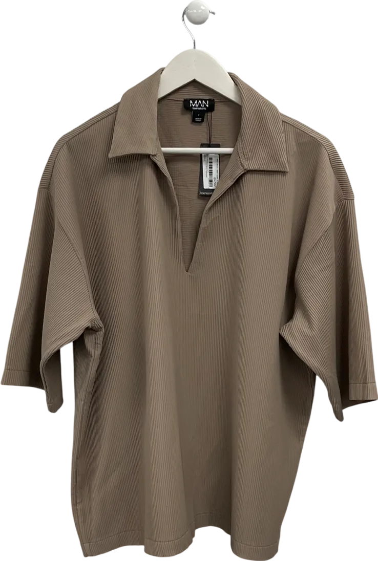 boohooMan Nude Pleated Oversized V Neck Shirt UK S