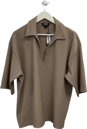 boohooMan Nude Pleated Oversized V Neck Shirt UK S