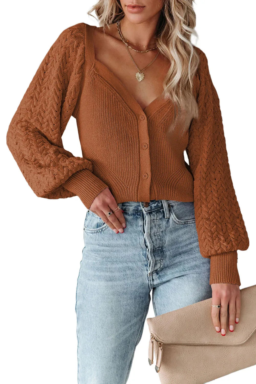 Brown Pearl Embellished Puff Sleeve V Neck Sweater Cardigan