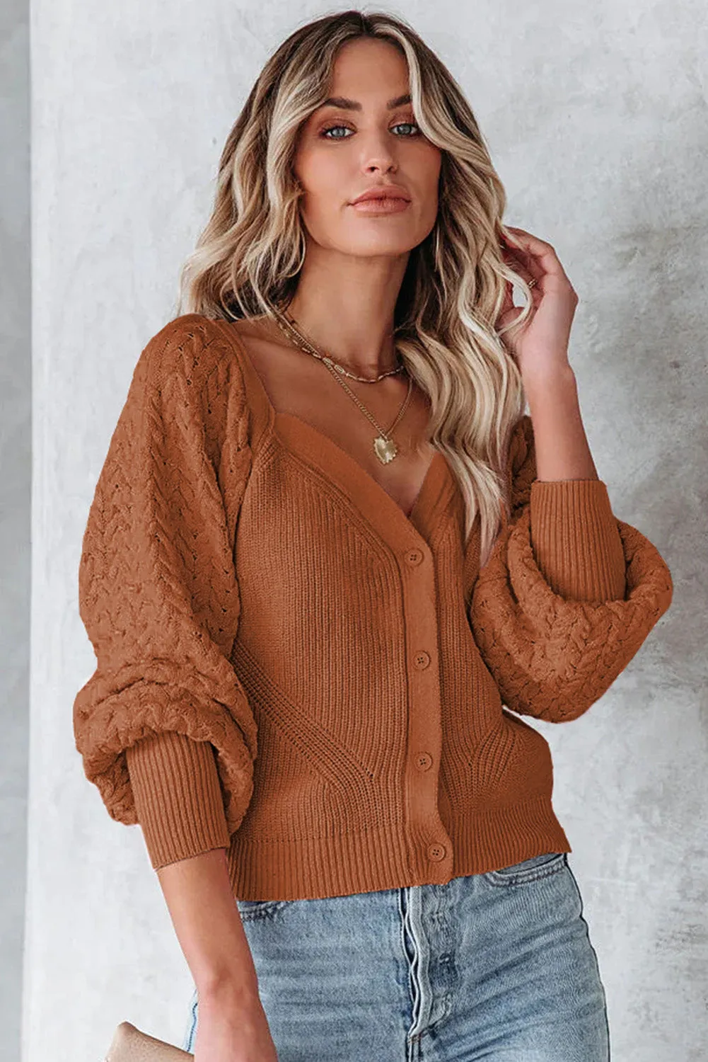 Brown Pearl Embellished Puff Sleeve V Neck Sweater Cardigan