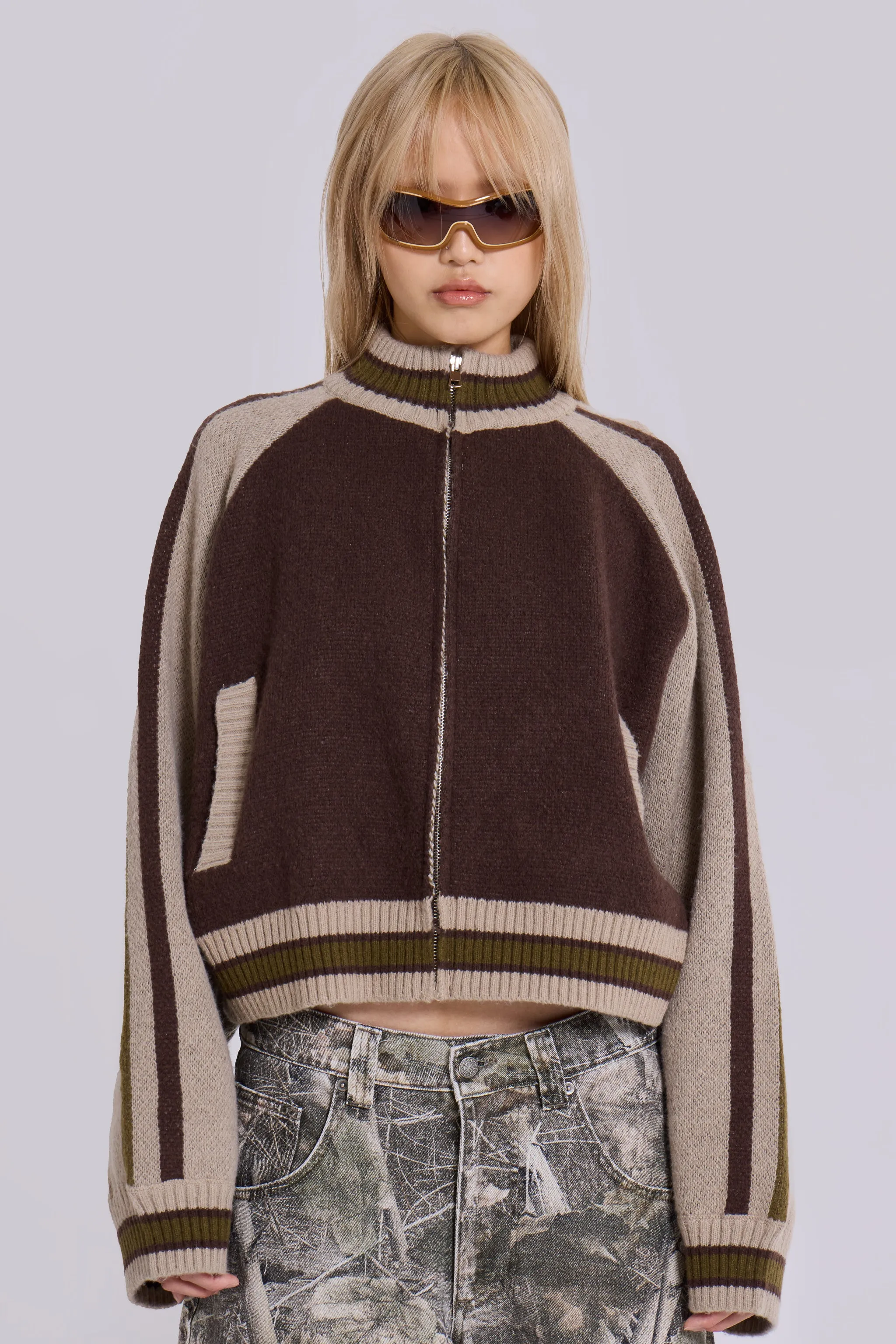 Brown Team 85 Knitted Bomber Jacket