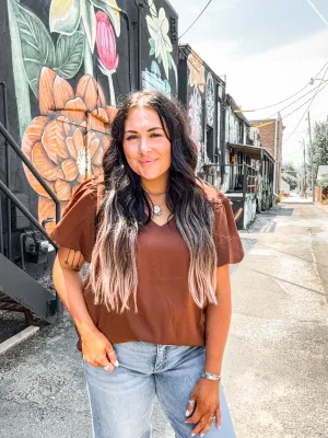 Brown V Neck Ruffle Sleeve Blouse Top