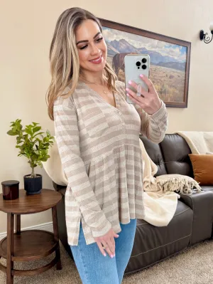 Button Detail V-Neck Top in Natural Stripes