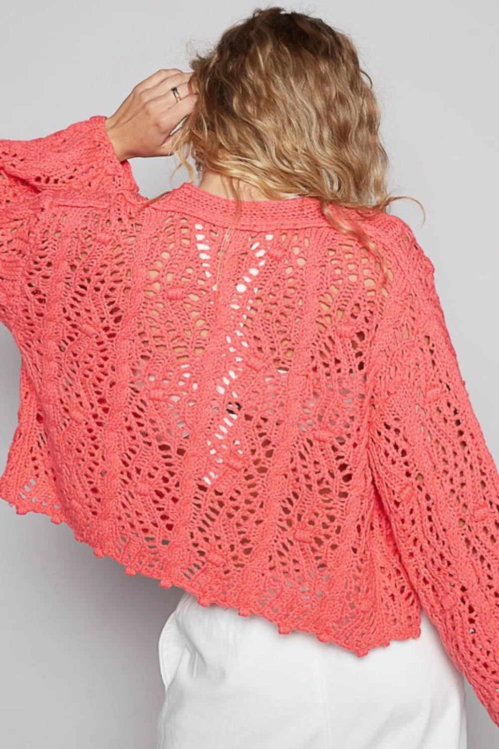 Cable-Knit Openwork V-Neck Button Up Cardigan