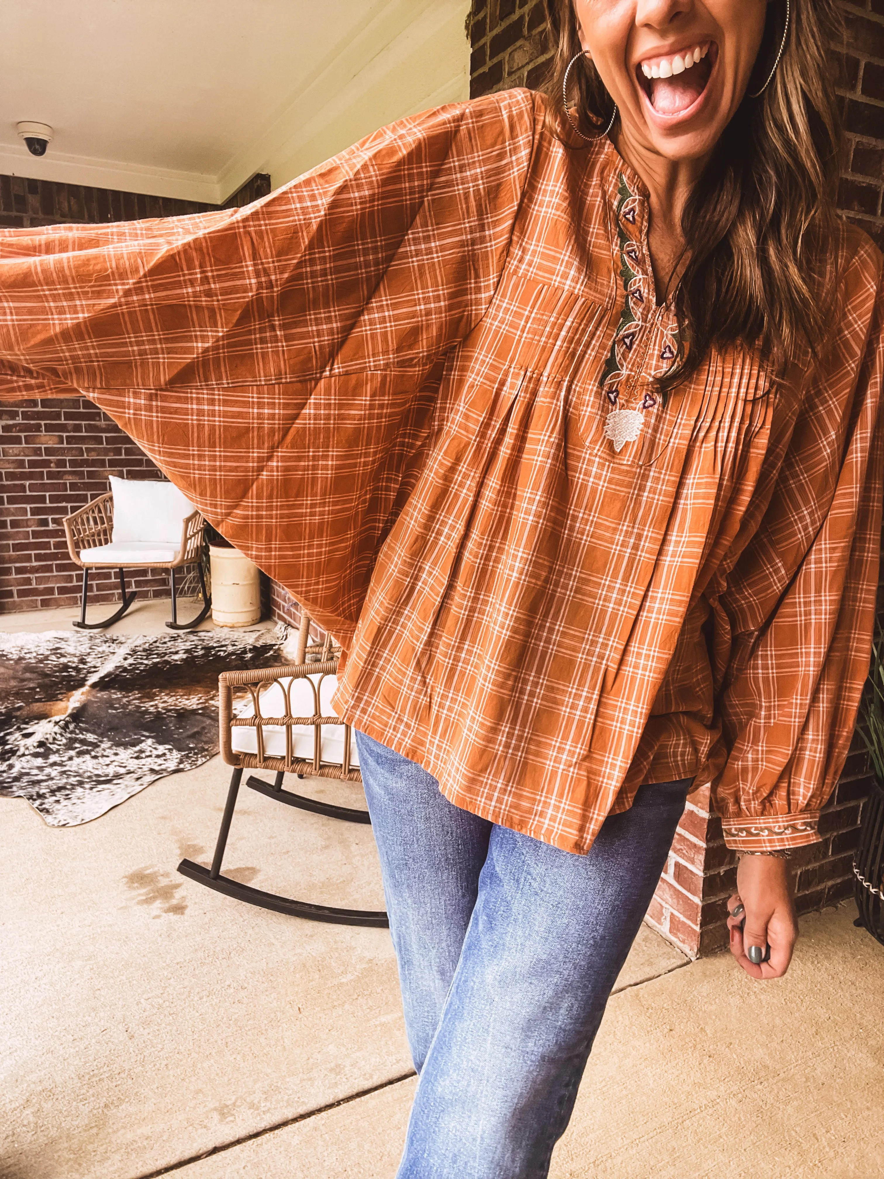 Camel Plaid Boxy Top with Embroidery