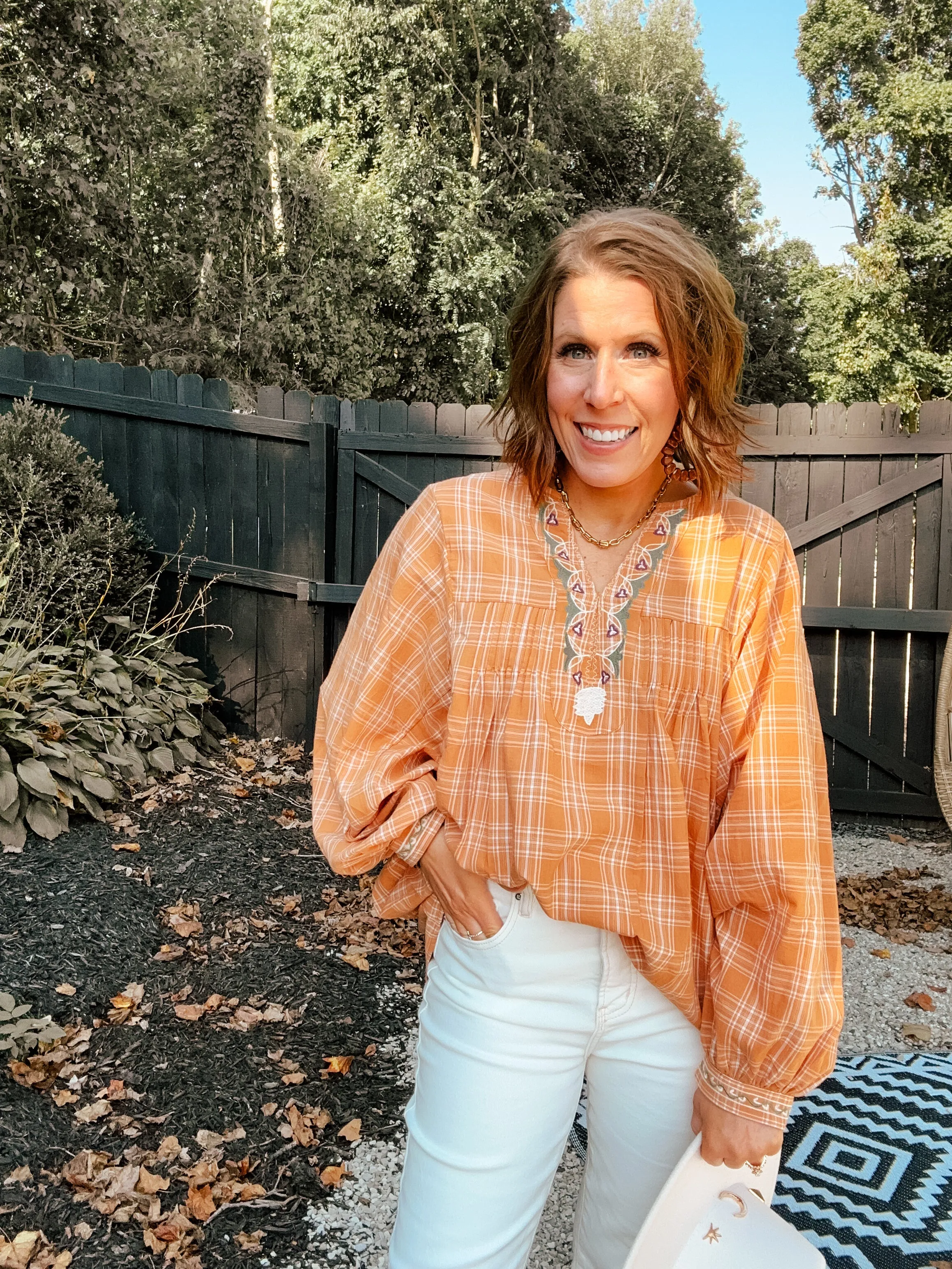 Camel Plaid Boxy Top with Embroidery
