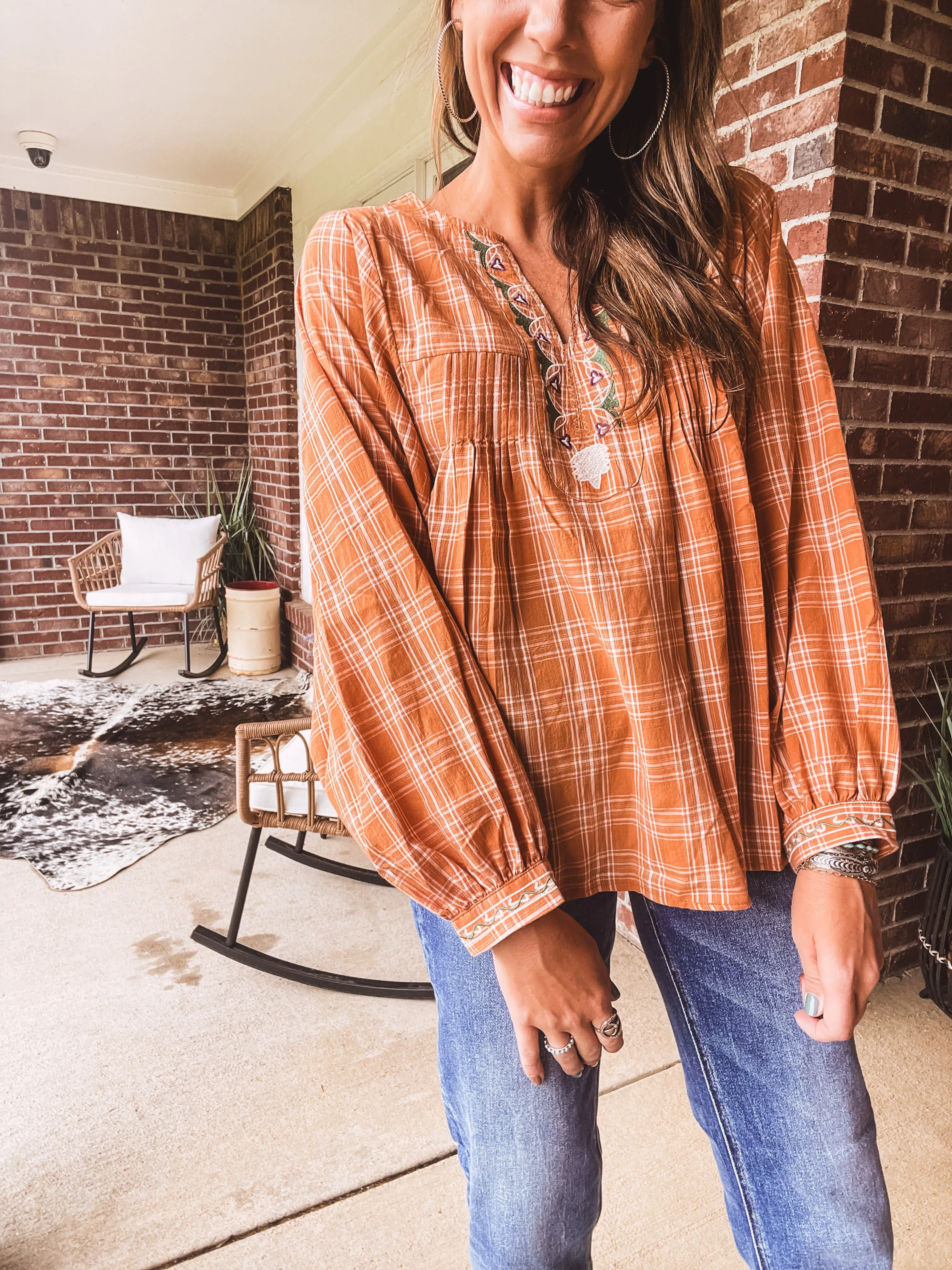 Camel Plaid Boxy Top with Embroidery