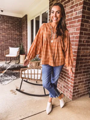 Camel Plaid Boxy Top with Embroidery