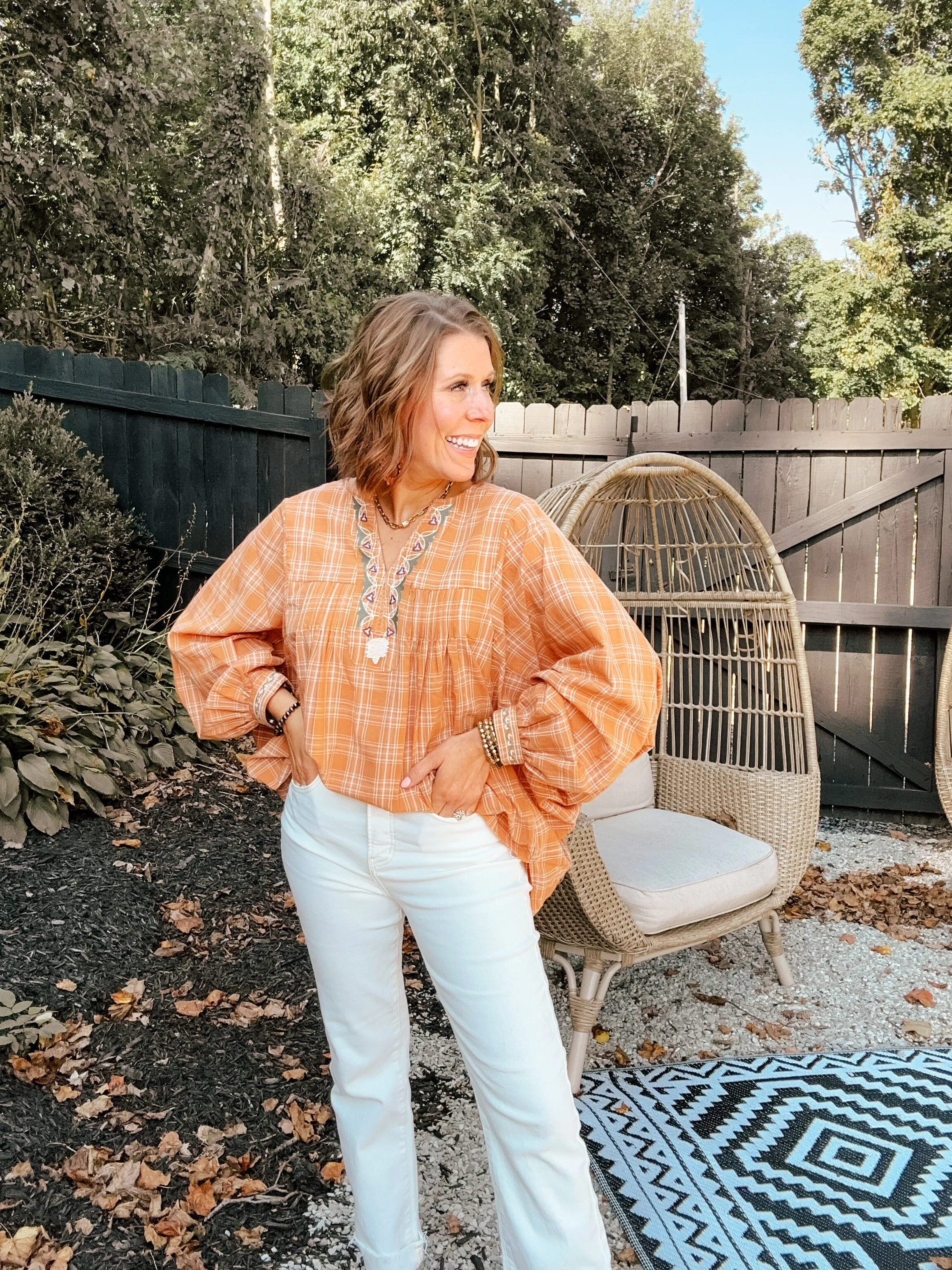 Camel Plaid Boxy Top with Embroidery