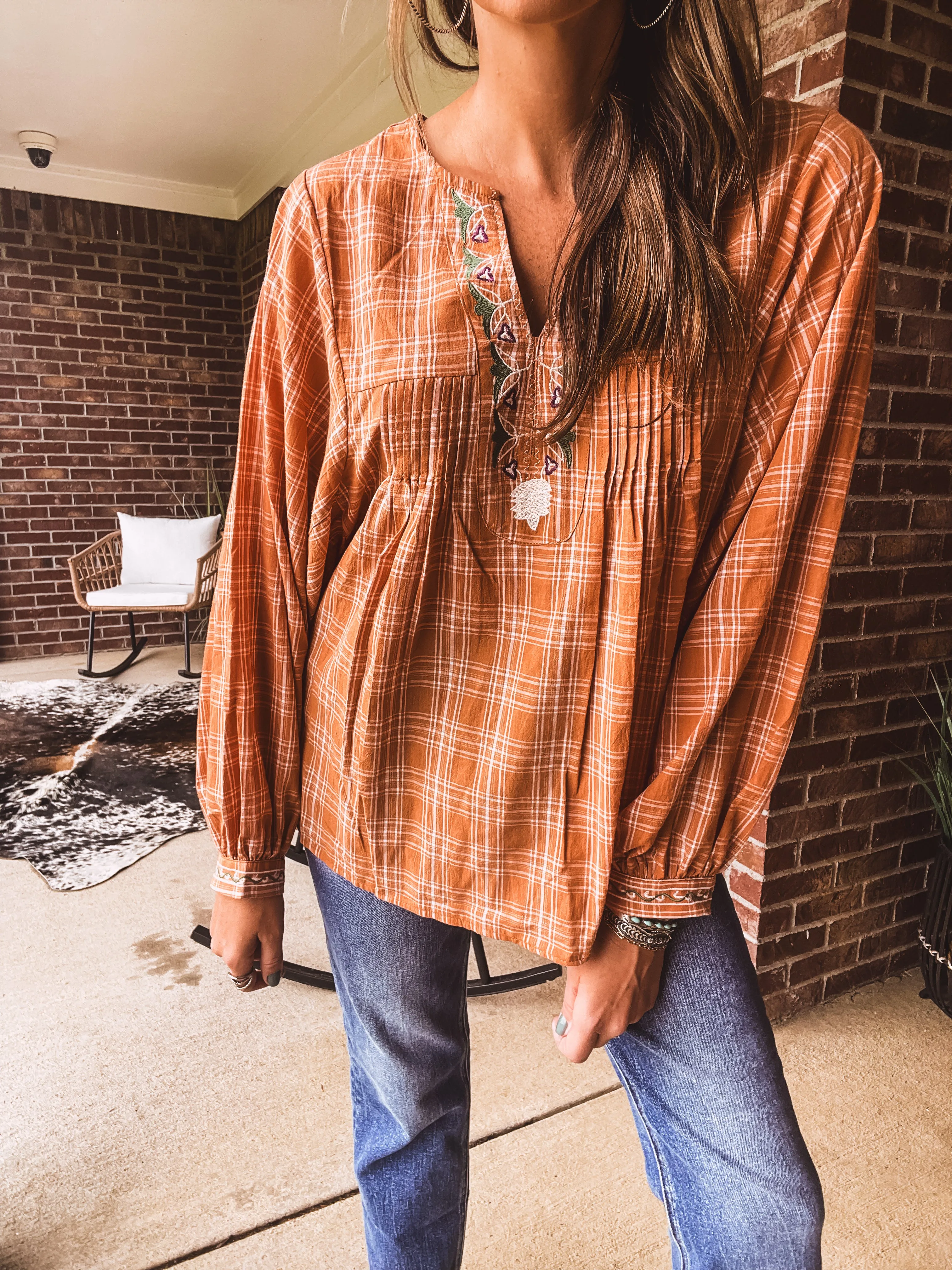 Camel Plaid Boxy Top with Embroidery