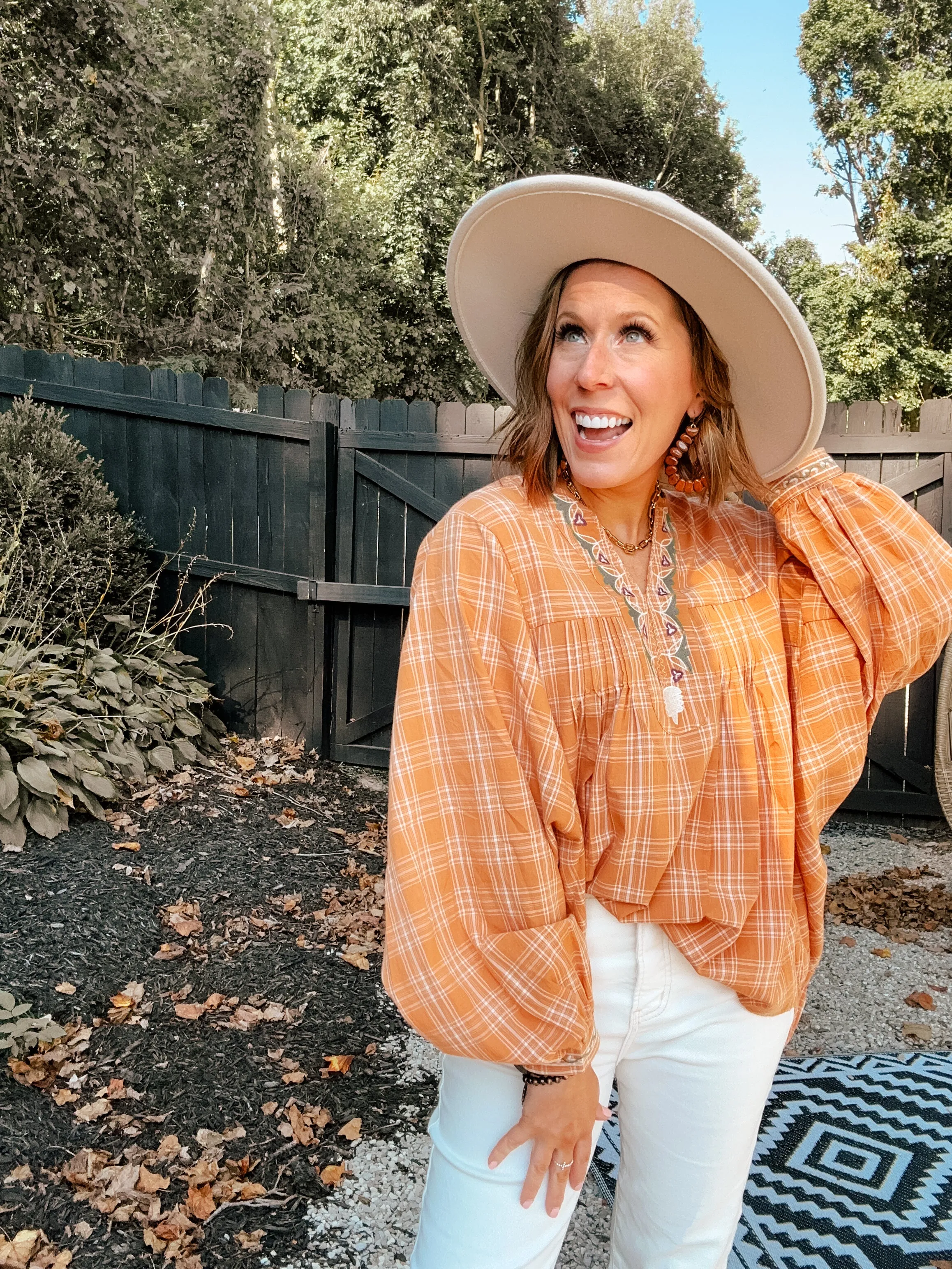 Camel Plaid Boxy Top with Embroidery