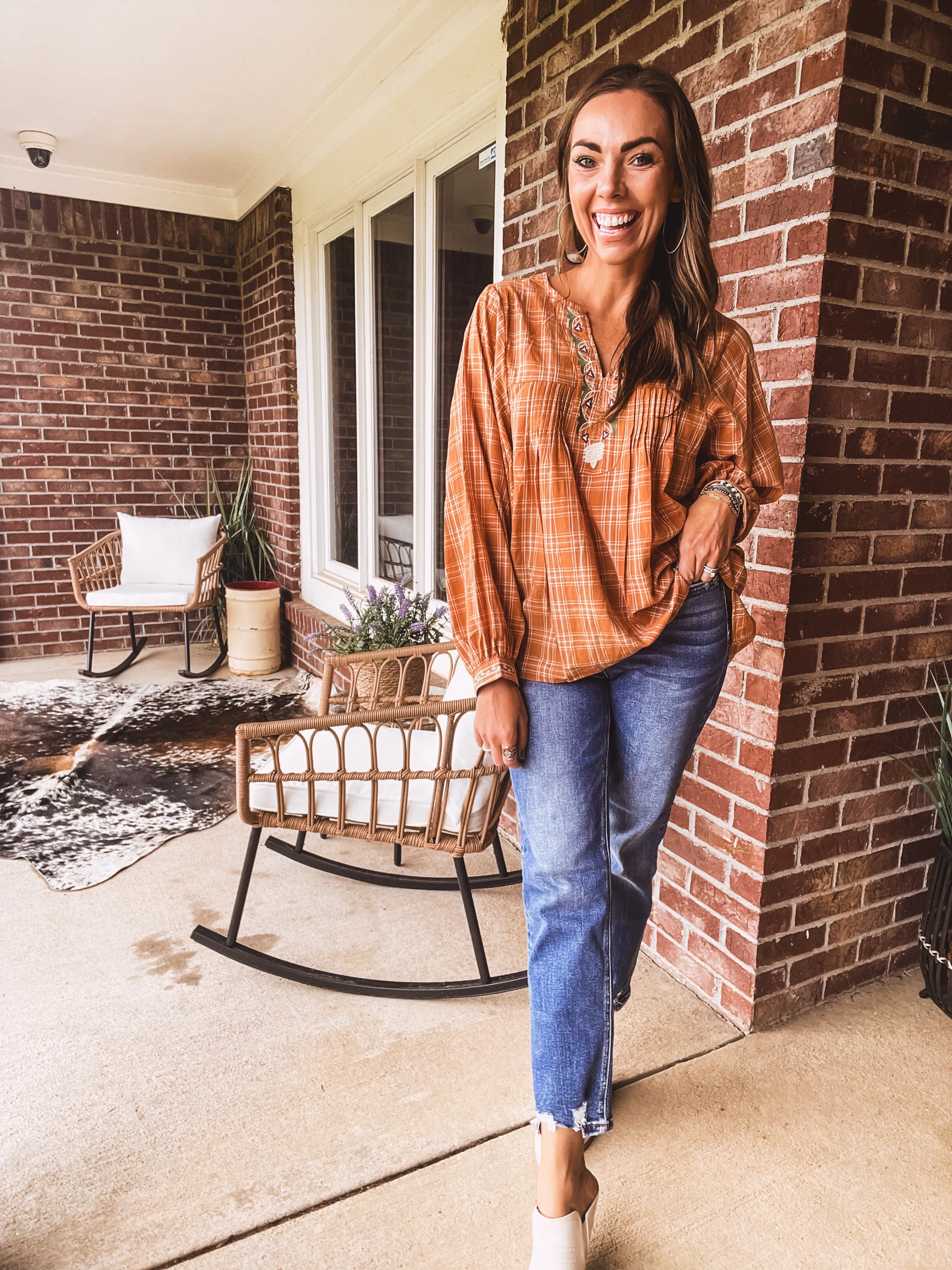 Camel Plaid Boxy Top with Embroidery