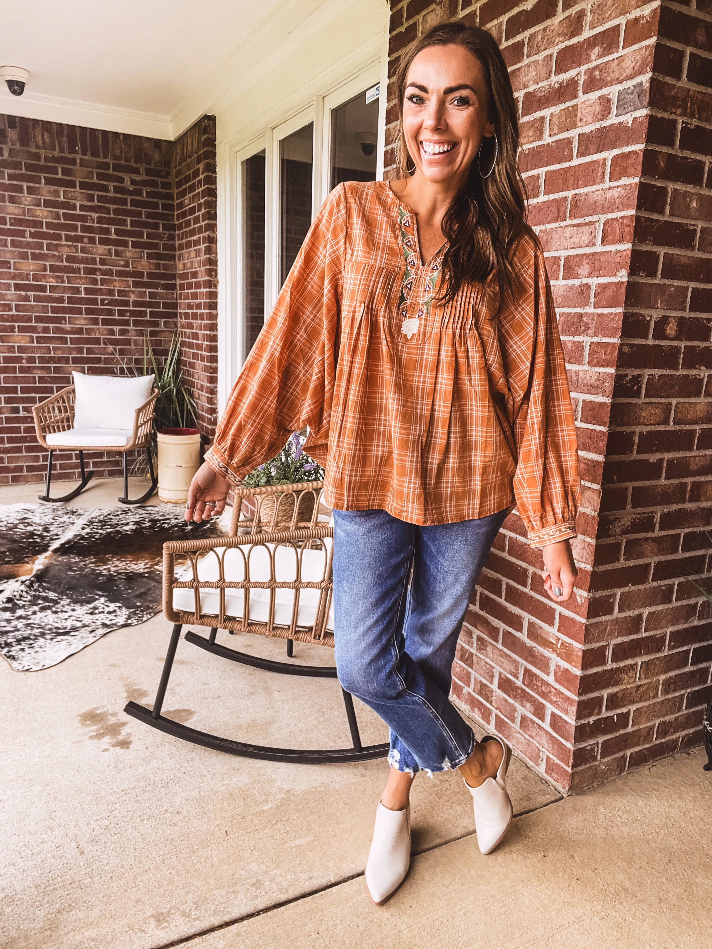 Camel Plaid Boxy Top with Embroidery