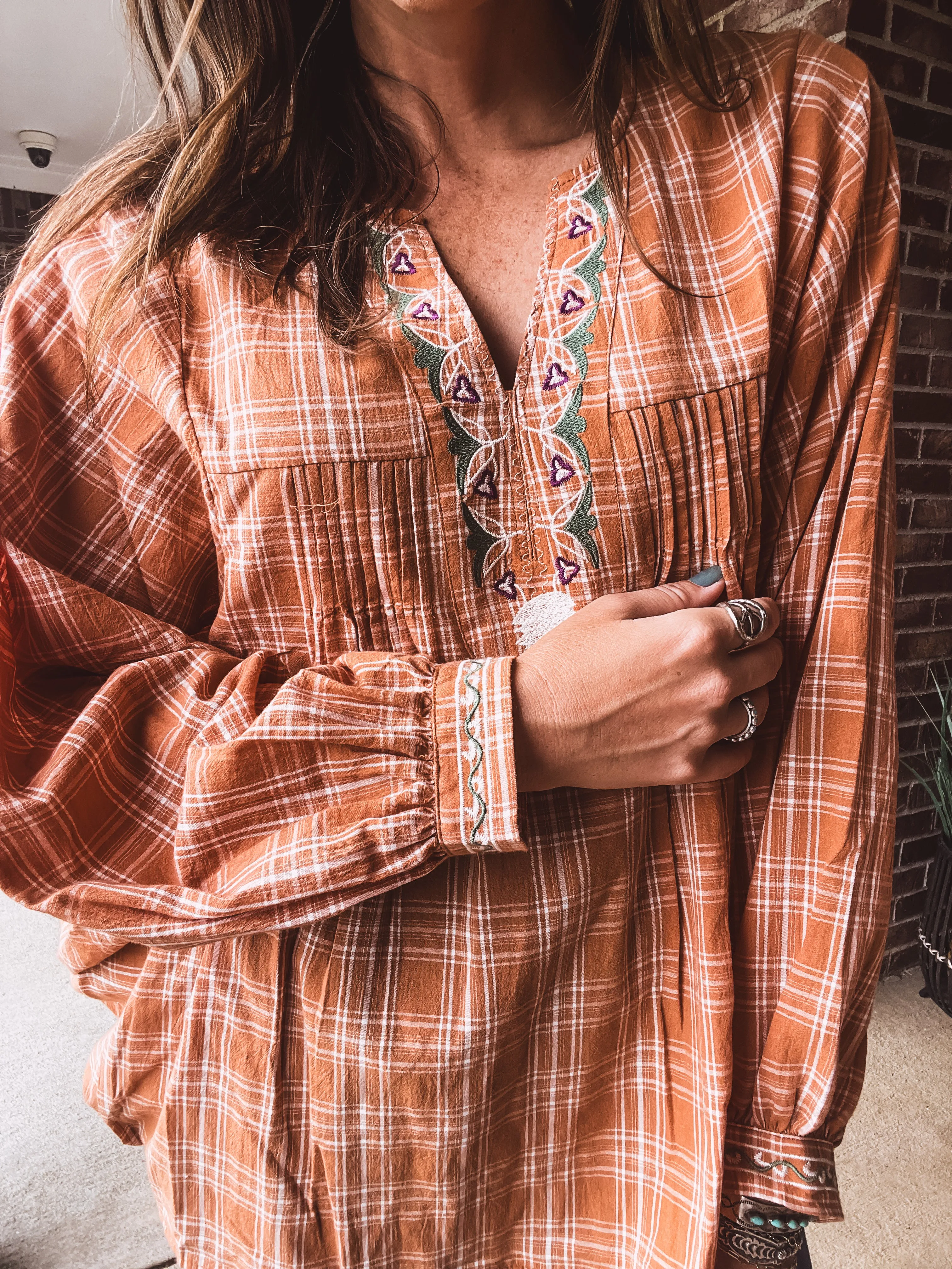Camel Plaid Boxy Top with Embroidery
