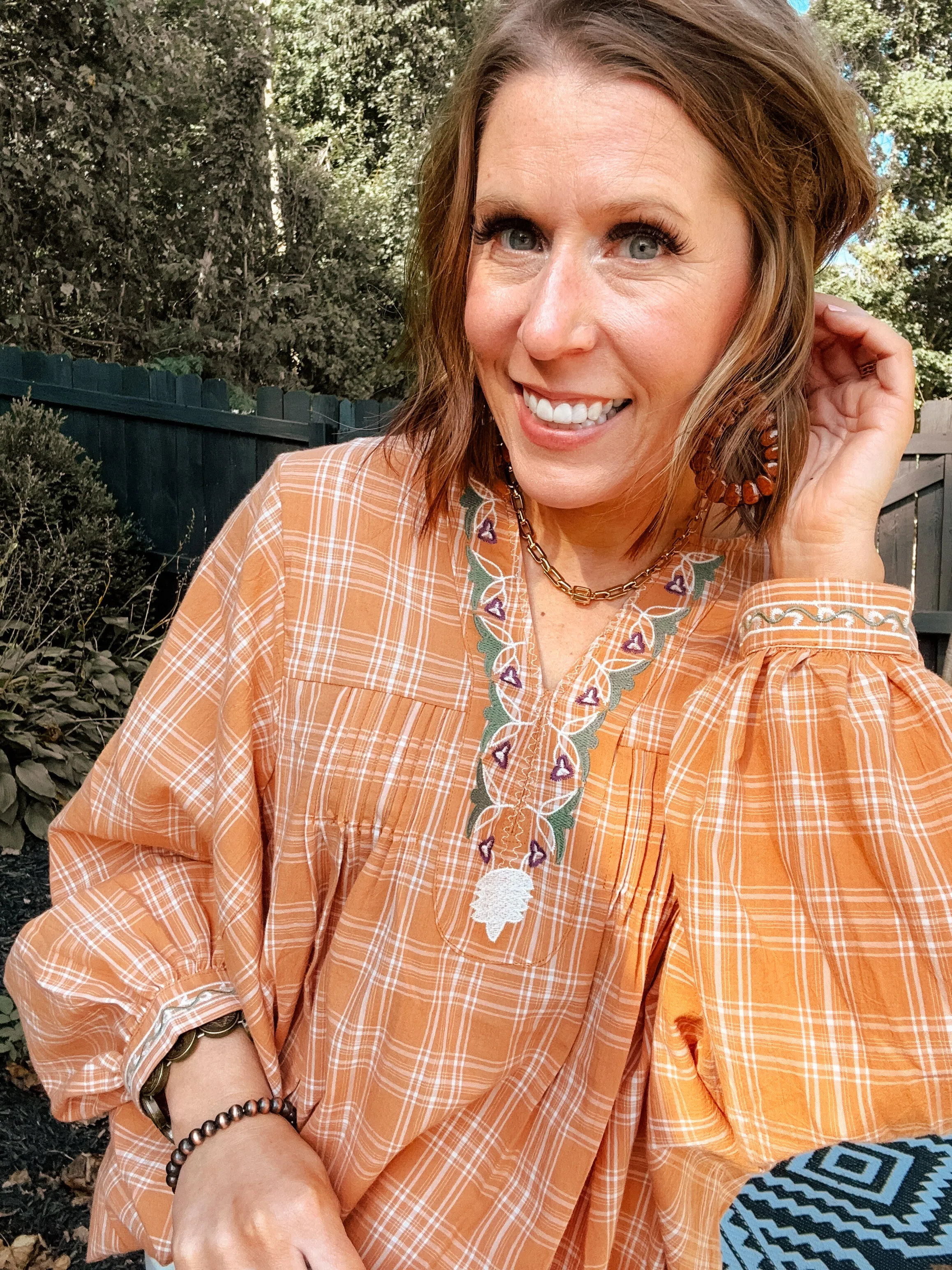 Camel Plaid Boxy Top with Embroidery