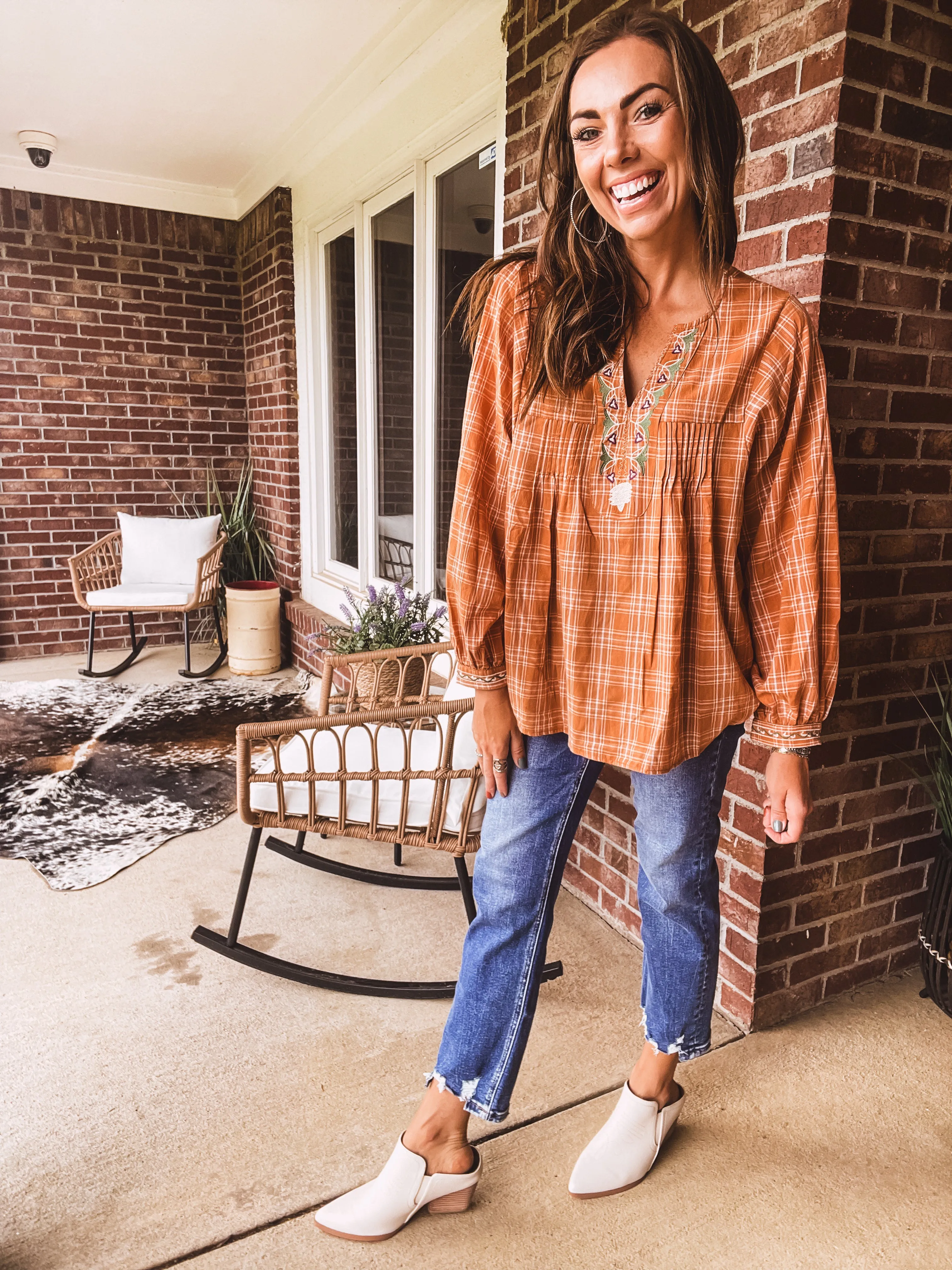 Camel Plaid Boxy Top with Embroidery