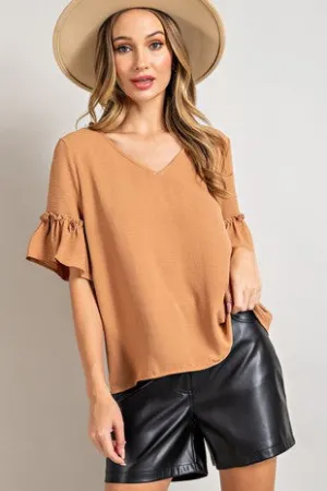 Camel V-Neck Ruffle Sleeve Top